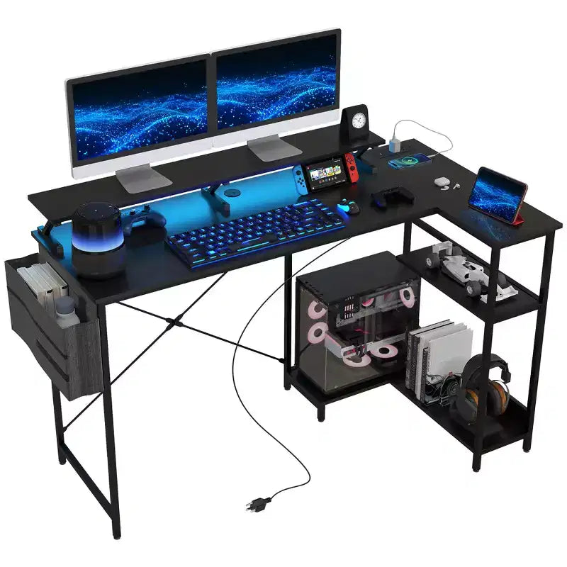 Bureau d'angle réversible en L avec sac de rangement, bureau d'ordinateur d'angle