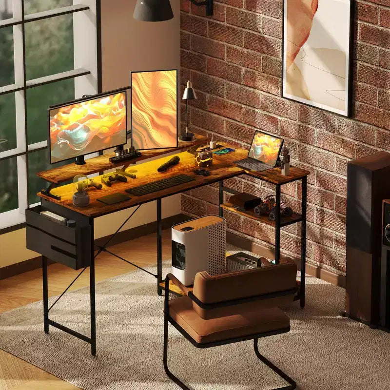Bureau d'angle réversible en L avec sac de rangement, bureau d'ordinateur d'angle