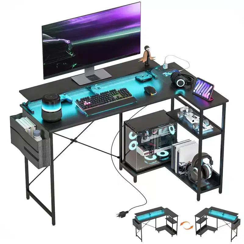 HOMCOM 58 Reversible L Shaped Desk with Storage Bag, Corner Computer Desk with Power Outlet and LED Light, Monitor Shelf and CPU Stand