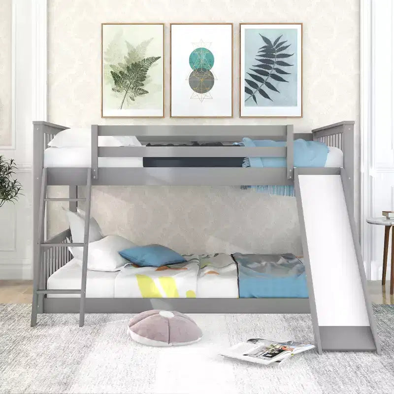 Lit superposé double en bois avec toboggan convertible et échelle
