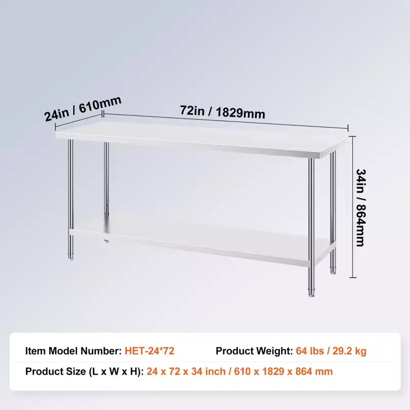 Table de préparation en acier inoxydable, capacité de charge de 399 kg
