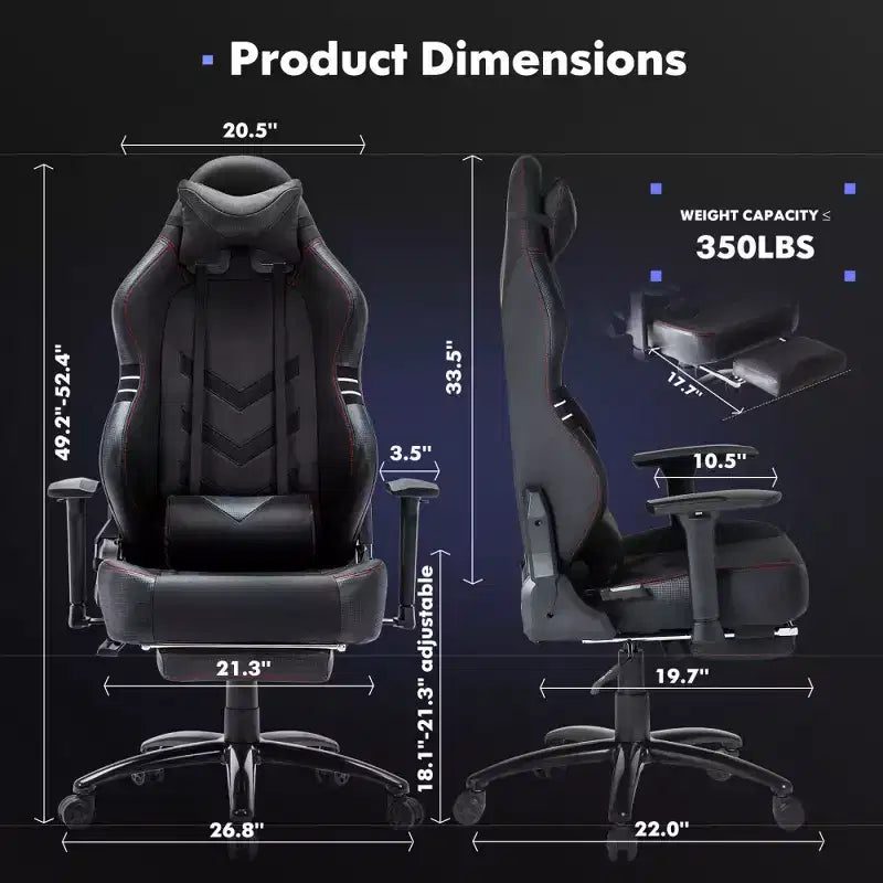 Fauteuil de jeu en cuir PU résistant à la transpiration, avec accoudoirs fixes et soutien lombaire ergonomique