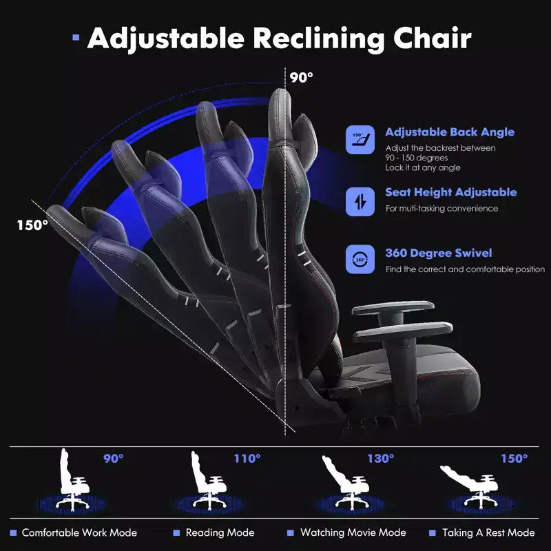 Fauteuil de jeu en cuir PU résistant à la transpiration, avec accoudoirs fixes et soutien lombaire ergonomique