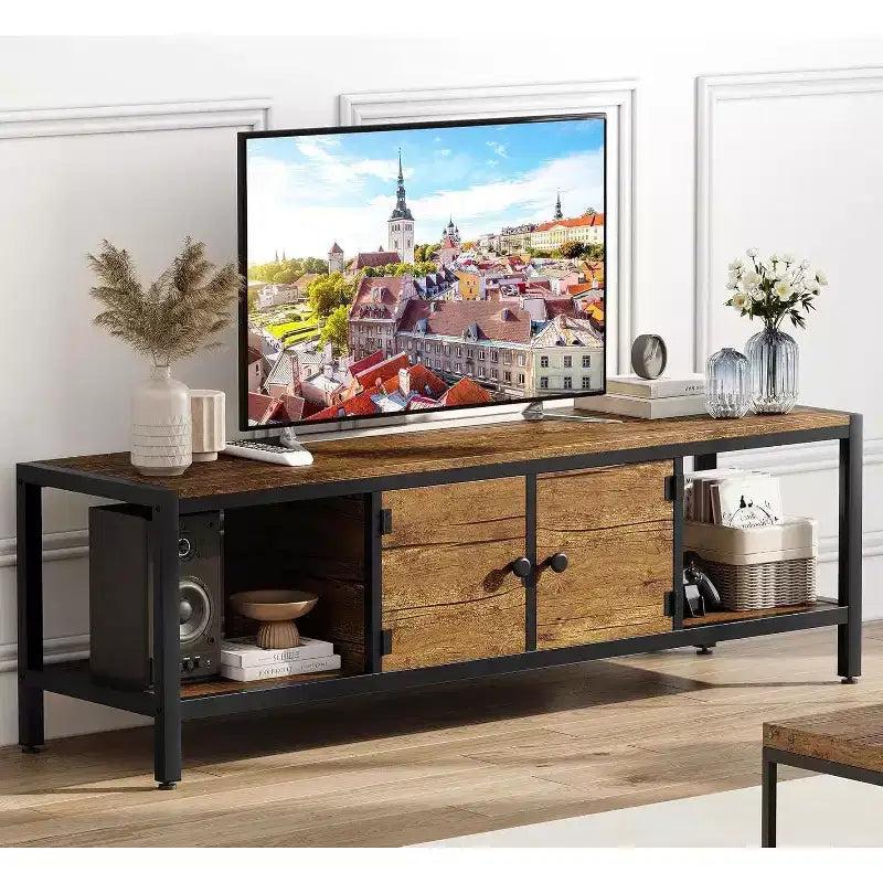 Meuble TV de style rustique marron de 65 pouces, meuble de rangement de style ferme