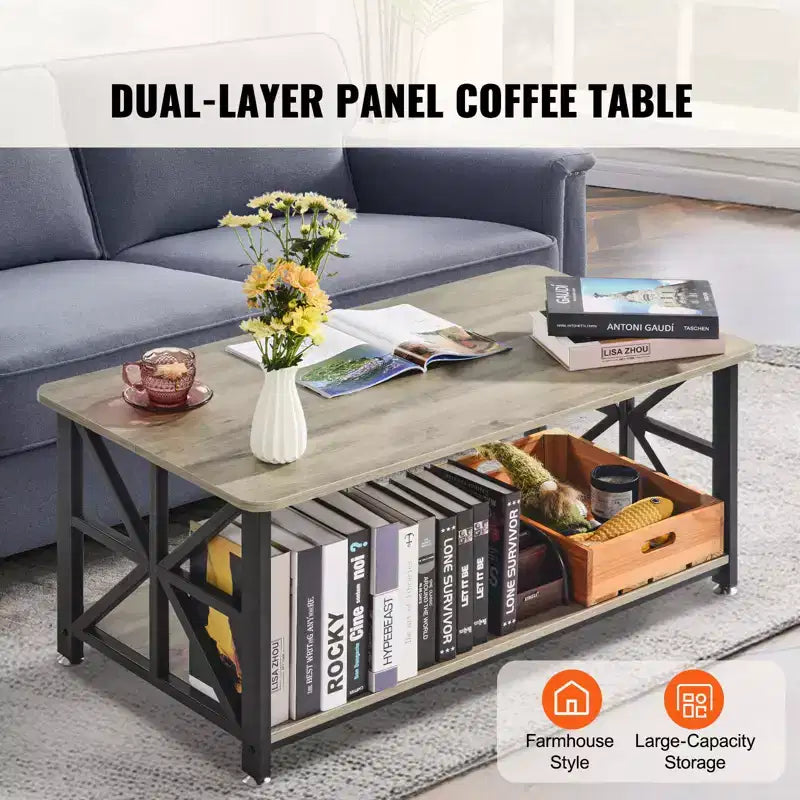 Table basse de ferme, Table basse rectangulaire avec compartiment de rangement ouvert