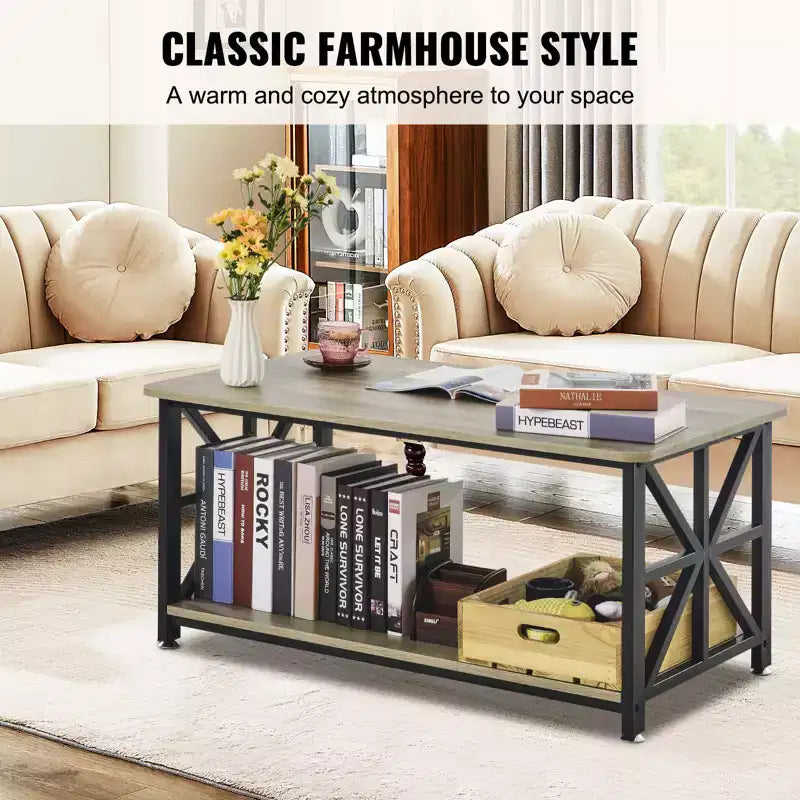 Table basse de ferme, Table basse rectangulaire avec compartiment de rangement ouvert