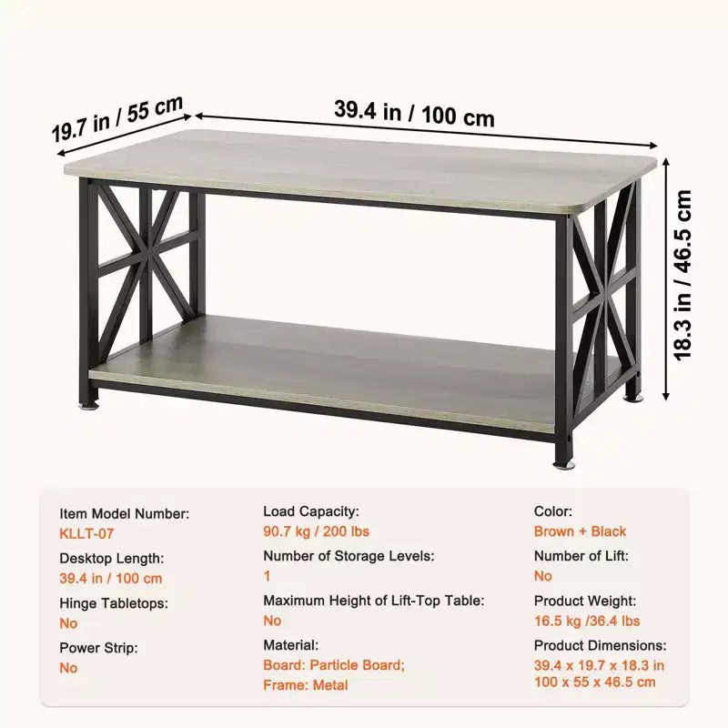 Table basse de ferme, Table basse rectangulaire avec compartiment de rangement ouvert