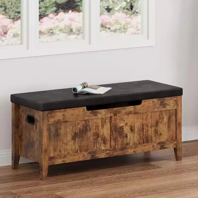 Wooden Storage Chest with Seat Cushion and 2 Safety Hinges, Entryway Bench for Organizer, Supports 220 Lb, Bedroom, Living Room