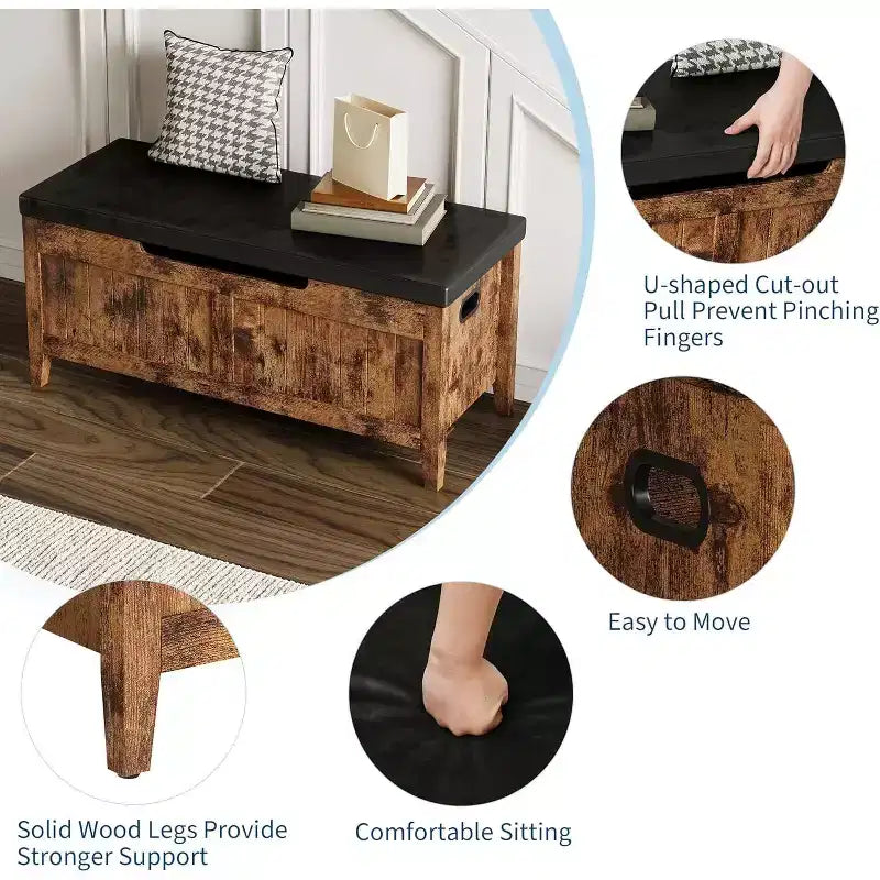 Wooden Storage Chest with Seat Cushion and 2 Safety Hinges, Entryway Bench for Organizer, Supports 220 Lb, Bedroom, Living Room