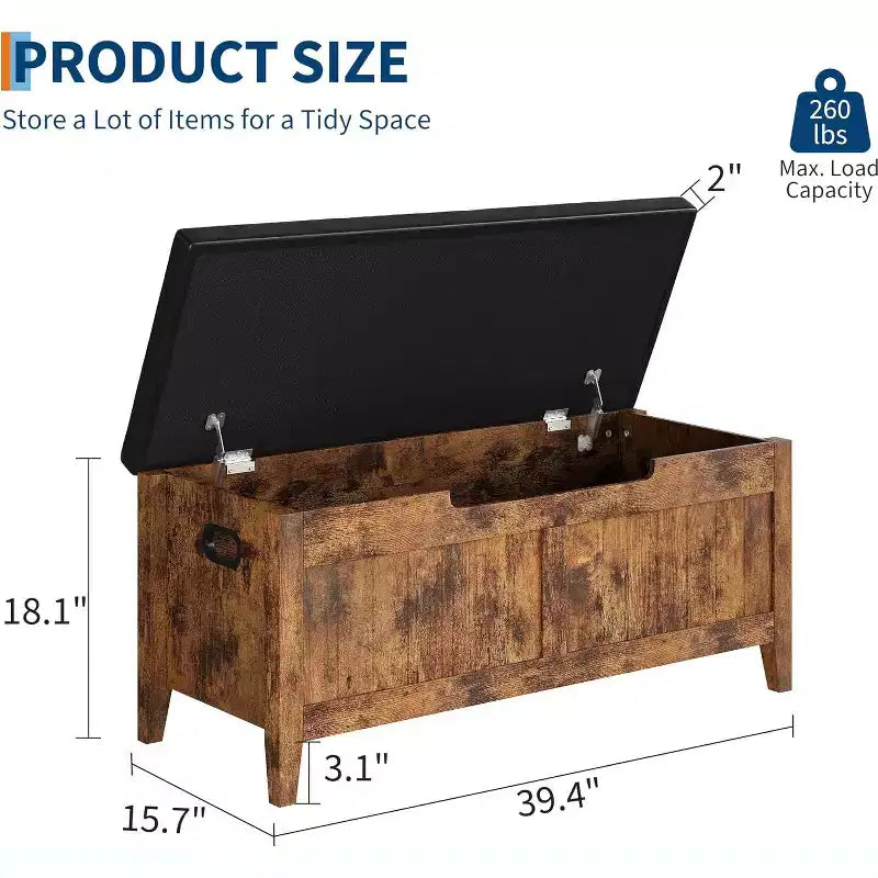 Wooden Storage Chest with Seat Cushion and 2 Safety Hinges, Entryway Bench for Organizer, Supports 220 Lb, Bedroom, Living Room