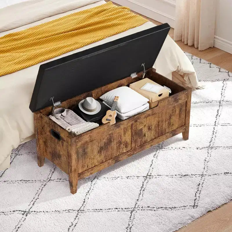 Wooden Storage Chest with Seat Cushion and 2 Safety Hinges, Entryway Bench for Organizer, Supports 220 Lb, Bedroom, Living Room