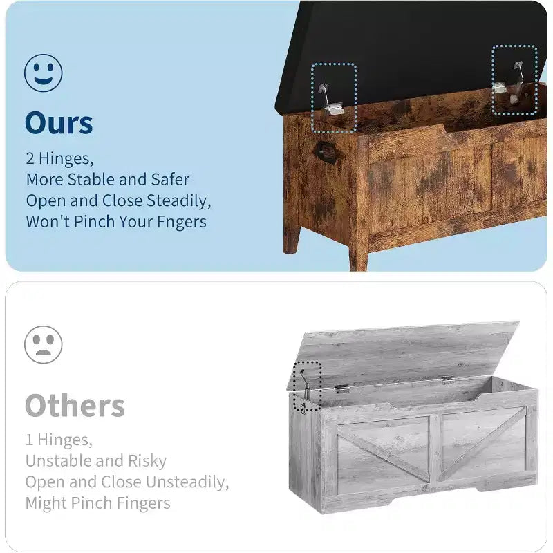 Wooden Storage Chest with Seat Cushion and 2 Safety Hinges, Entryway Bench for Organizer, Supports 220 Lb, Bedroom, Living Room