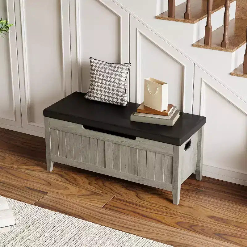 Wooden Storage Chest with Seat Cushion and 2 Safety Hinges, Entryway Bench for Organizer, Supports 220 Lb, Bedroom, Living Room