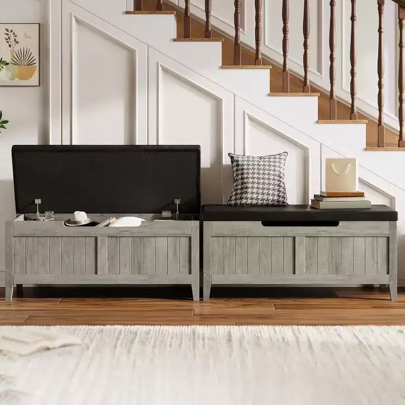 Wooden Storage Chest with Seat Cushion and 2 Safety Hinges, Entryway Bench for Organizer, Supports 220 Lb, Bedroom, Living Room