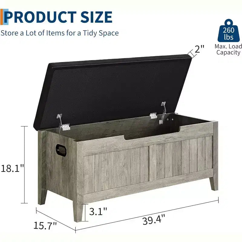 Wooden Storage Chest with Seat Cushion and 2 Safety Hinges, Entryway Bench for Organizer, Supports 220 Lb, Bedroom, Living Room