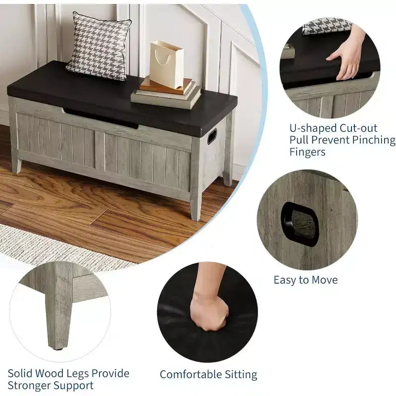 Wooden Storage Chest with Seat Cushion and 2 Safety Hinges, Entryway Bench for Organizer, Supports 220 Lb, Bedroom, Living Room