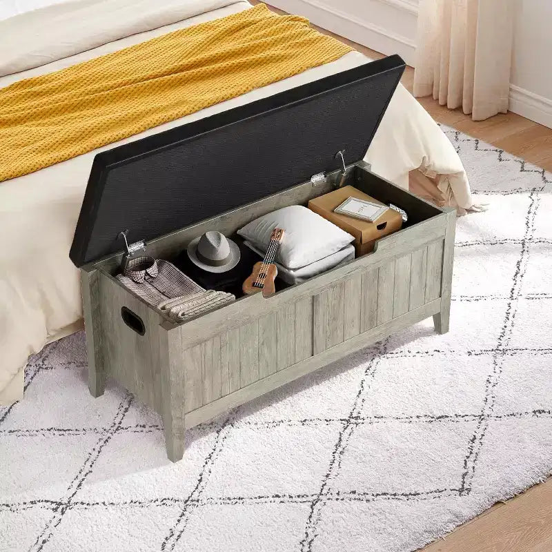 Wooden Storage Chest with Seat Cushion and 2 Safety Hinges, Entryway Bench for Organizer, Supports 220 Lb, Bedroom, Living Room