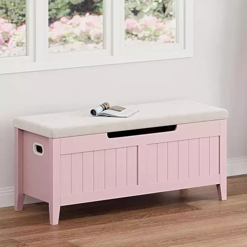 Wooden Storage Chest with Seat Cushion and 2 Safety Hinges, Entryway Bench for Organizer, Supports 220 Lb, Bedroom, Living Room