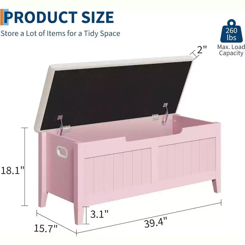 Wooden Storage Chest with Seat Cushion and 2 Safety Hinges, Entryway Bench for Organizer, Supports 220 Lb, Bedroom, Living Room