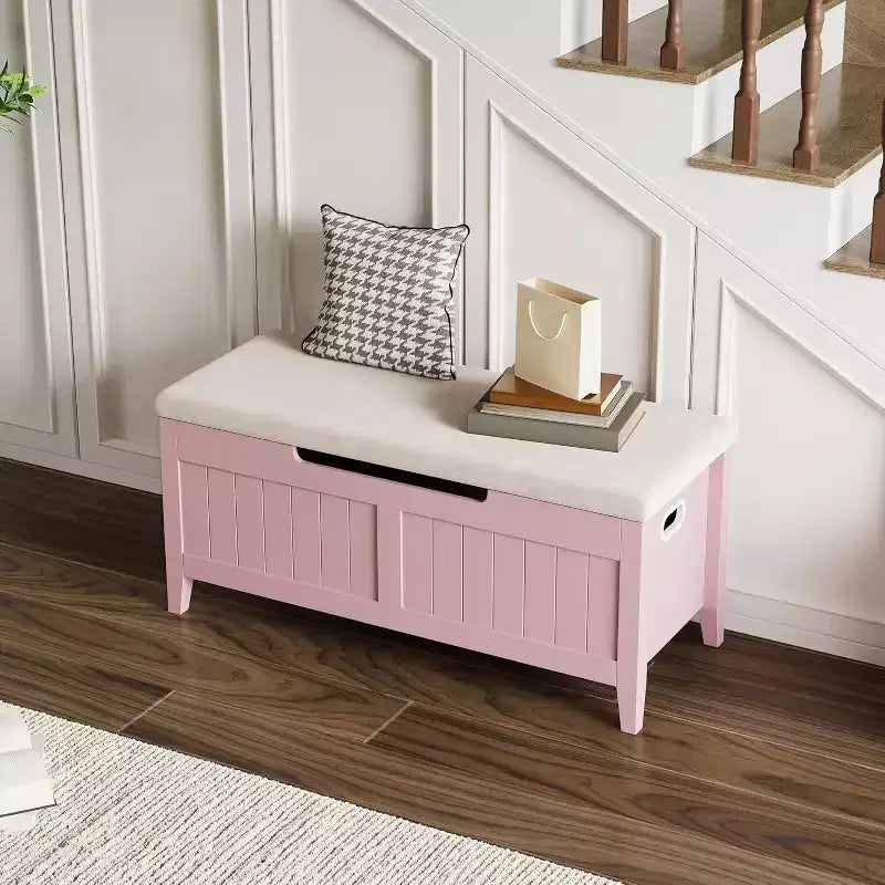 Wooden Storage Chest with Seat Cushion and 2 Safety Hinges, Entryway Bench for Organizer, Supports 220 Lb, Bedroom, Living Room