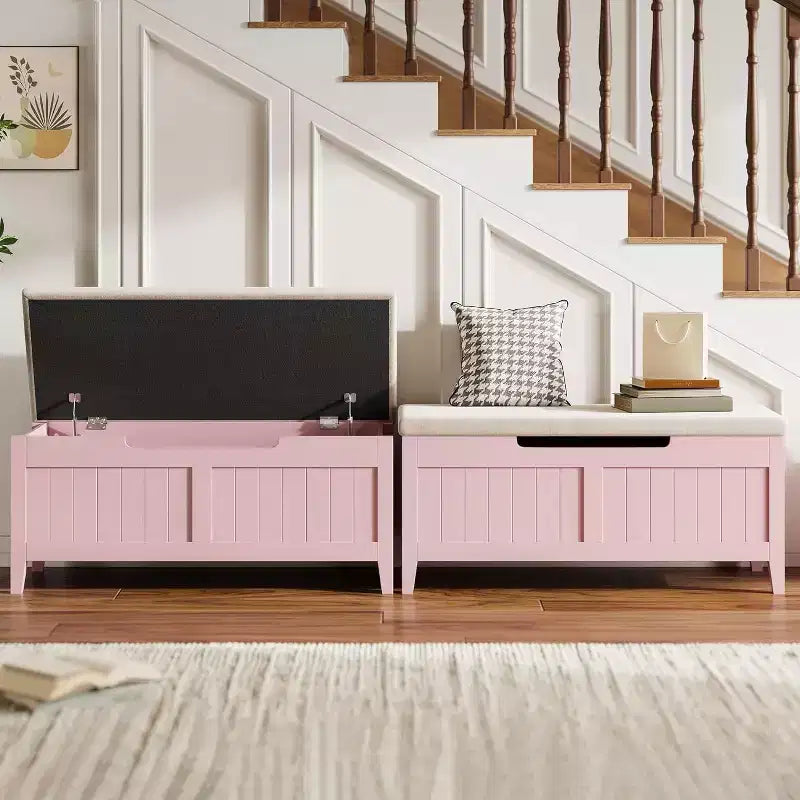 Wooden Storage Chest with Seat Cushion and 2 Safety Hinges, Entryway Bench for Organizer, Supports 220 Lb, Bedroom, Living Room
