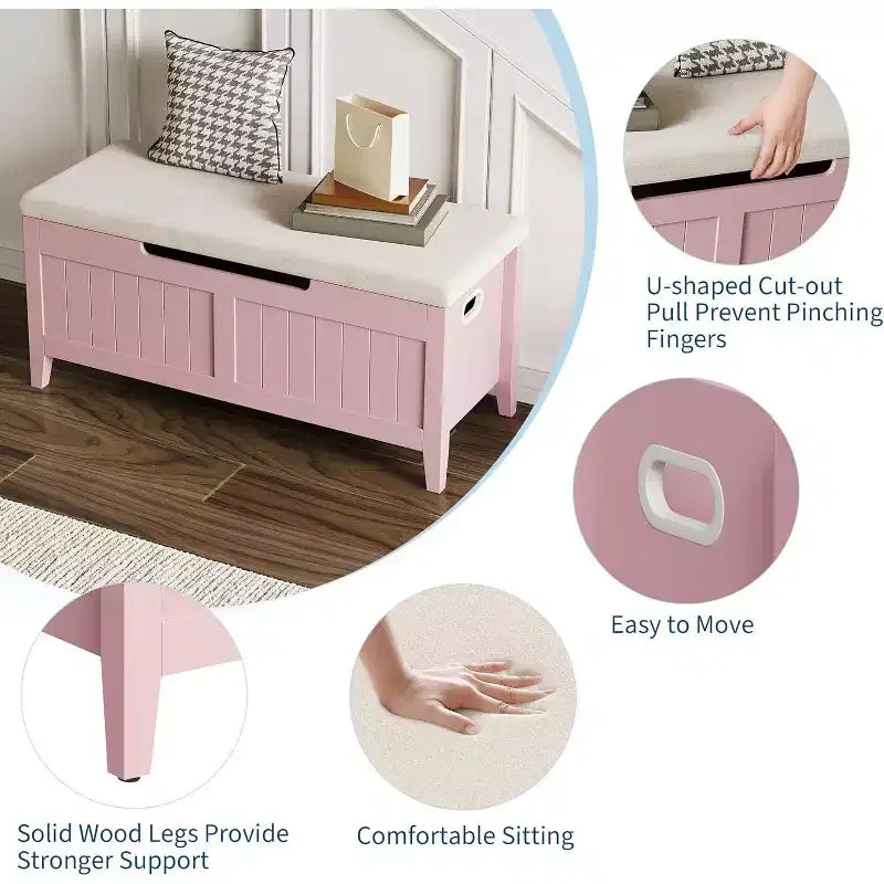Wooden Storage Chest with Seat Cushion and 2 Safety Hinges, Entryway Bench for Organizer, Supports 220 Lb, Bedroom, Living Room