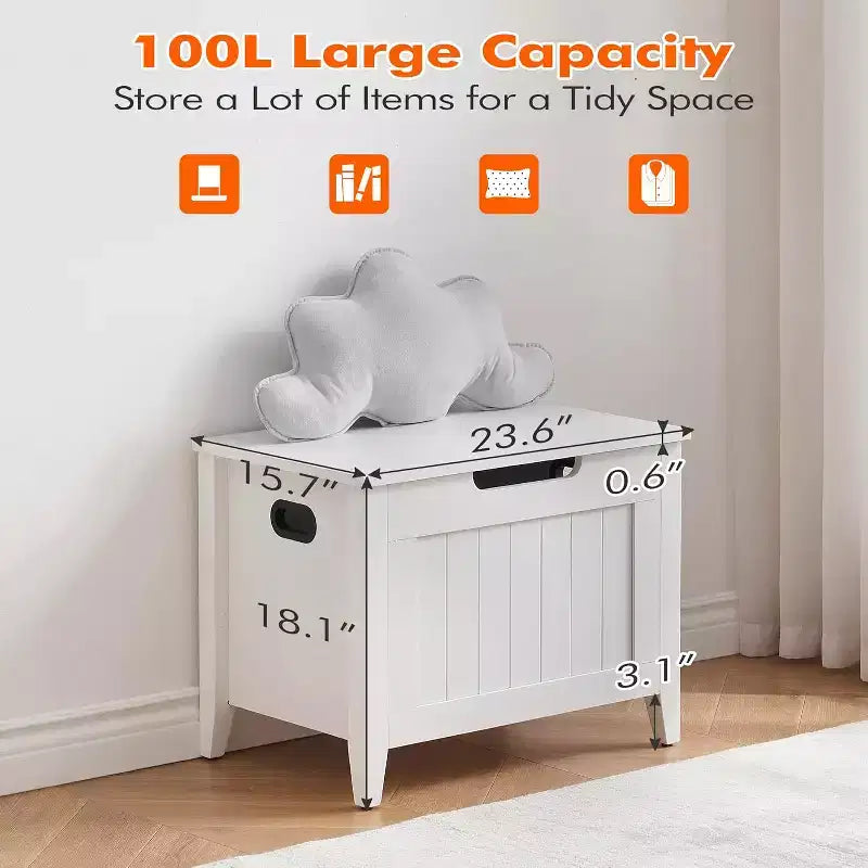 Wooden Storage Chest with Seat Cushion and 2 Safety Hinges, Entryway Bench for Organizer, Supports 220 Lb, Bedroom, Living Room