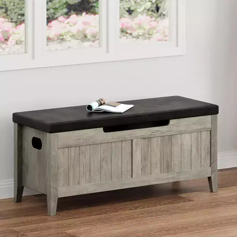 Wooden Storage Chest with Seat Cushion and 2 Safety Hinges, Entryway Bench for Organizer, Supports 220 Lb, Bedroom, Living Room