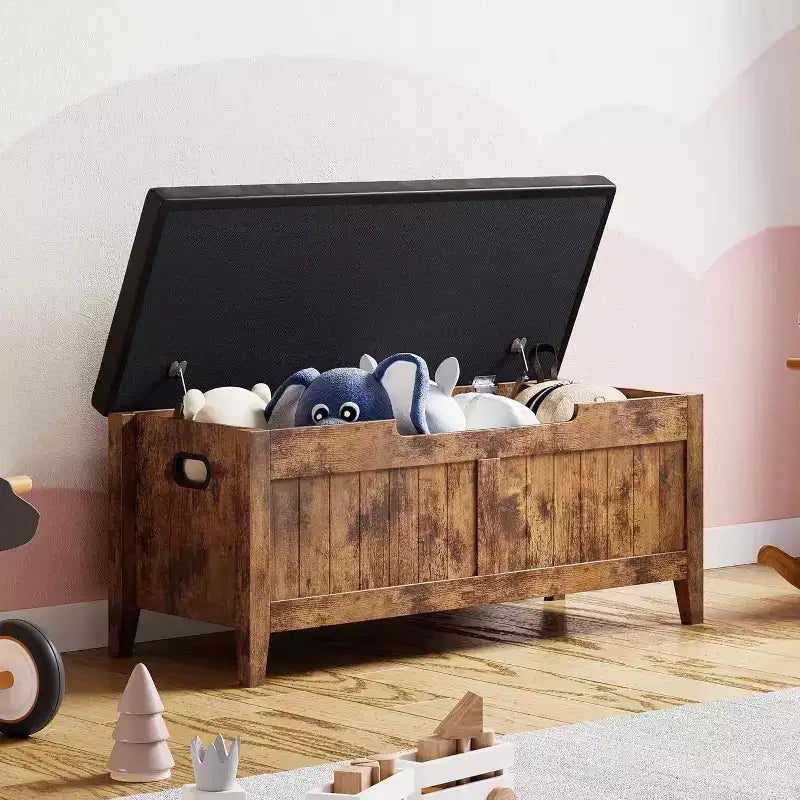 Wooden Storage Chest with Seat Cushion and 2 Safety Hinges, Entryway Bench for Organizer, Supports 220 Lb, Bedroom, Living Room