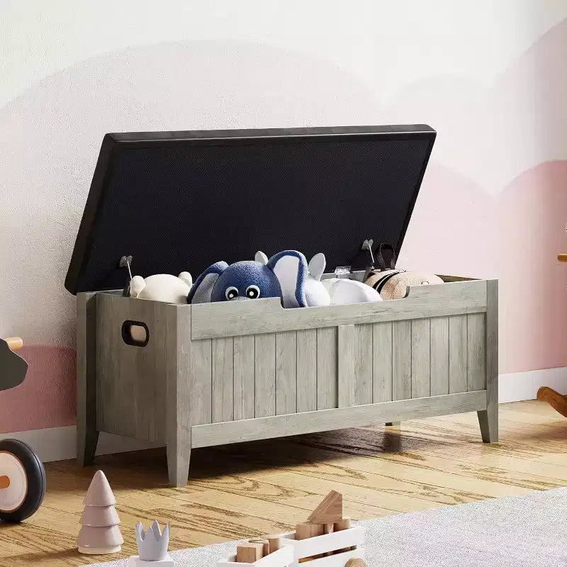 Wooden Storage Chest with Seat Cushion and 2 Safety Hinges, Entryway Bench for Organizer, Supports 220 Lb, Bedroom, Living Room