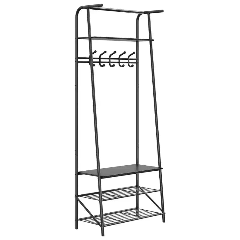 Coat Rack Shoe Bench with,4-Tier Shelf Tree with Storage, Metal Frame Multifunctional Organizer, 4-in-1 Wood Look Accent Furniture for Bathroom