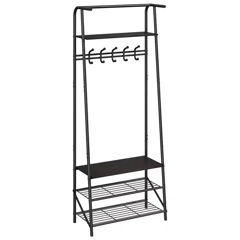 Coat Rack Shoe Bench with,4-Tier Shelf Tree with Storage, Metal Frame Multifunctional Organizer, 4-in-1 Wood Look Accent Furniture for Bathroom