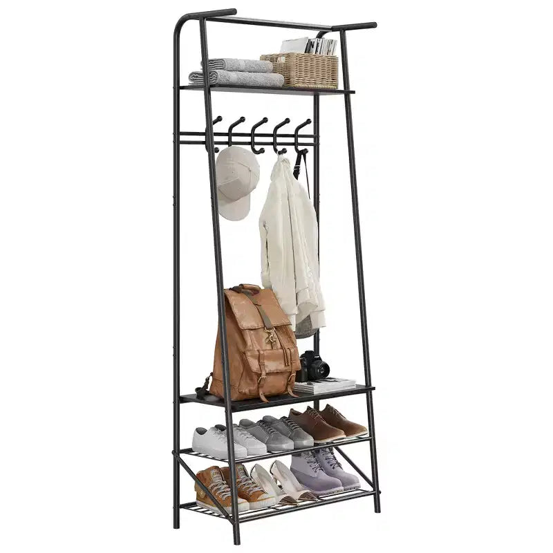 Coat Rack Shoe Bench with,4-Tier Shelf Tree with Storage, Metal Frame Multifunctional Organizer, 4-in-1 Wood Look Accent Furniture for Bathroom