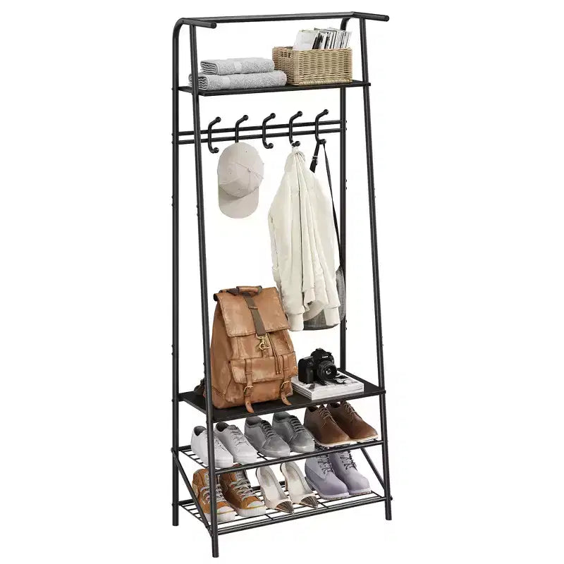 Coat Rack Shoe Bench with,4-Tier Shelf Tree with Storage, Metal Frame Multifunctional Organizer, 4-in-1 Wood Look Accent Furniture for Bathroom