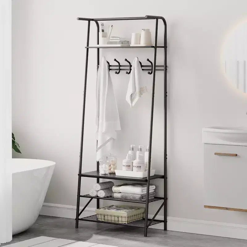 Coat Rack Shoe Bench with,4-Tier Shelf Tree with Storage, Metal Frame Multifunctional Organizer, 4-in-1 Wood Look Accent Furniture for Bathroom