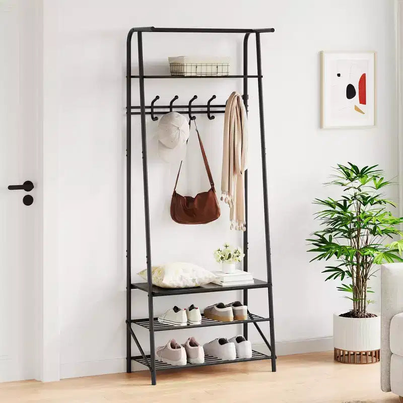 Coat Rack Shoe Bench with,4-Tier Shelf Tree with Storage, Metal Frame Multifunctional Organizer, 4-in-1 Wood Look Accent Furniture for Bathroom