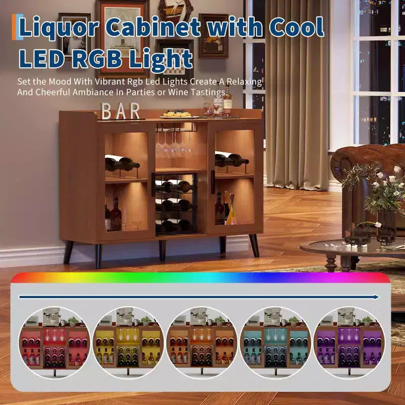 47 In Wine Bar Cabinet Glass Doors, Wood Coffee Bar Station with Wine Racks & Glass Holder, Modern Liquor Cabinet for Home Living Room Kitchen