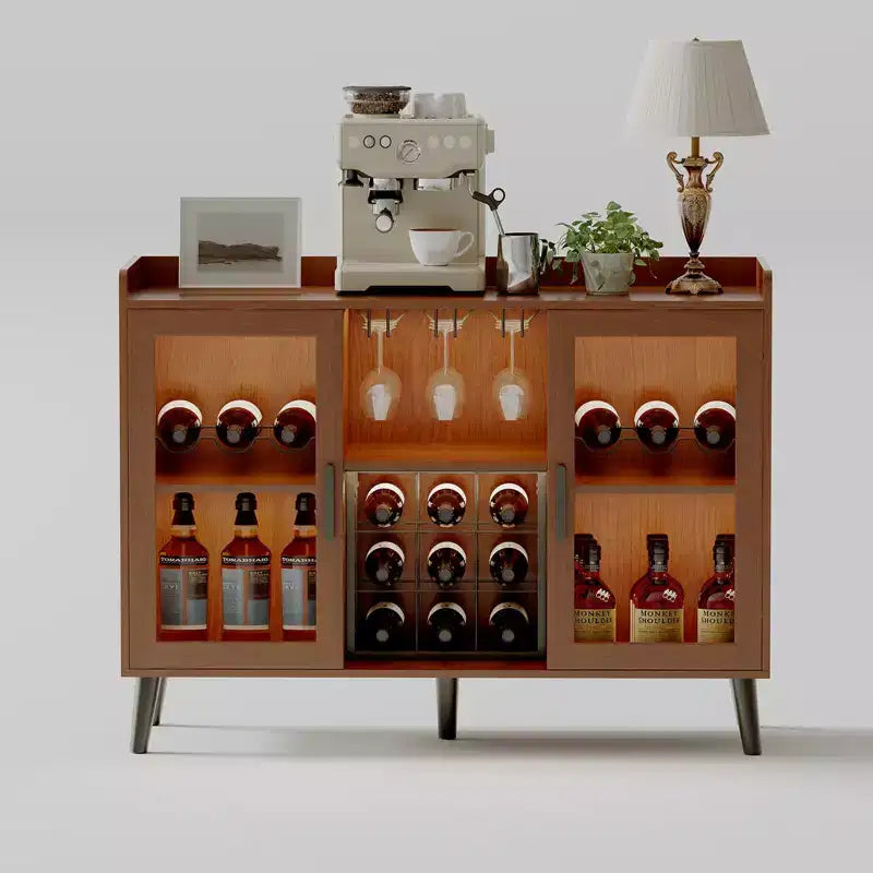 47 In Wine Bar Cabinet Glass Doors, Wood Coffee Bar Station with Wine Racks & Glass Holder, Modern Liquor Cabinet for Home Living Room Kitchen