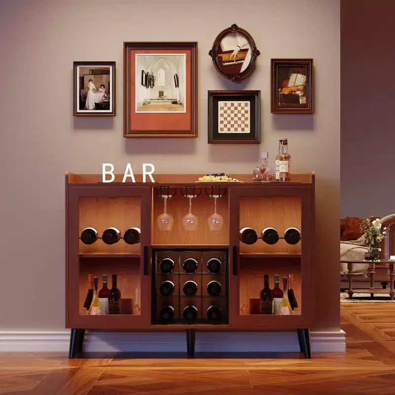 47 In Wine Bar Cabinet Glass Doors, Wood Coffee Bar Station with Wine Racks & Glass Holder, Modern Liquor Cabinet for Home Living Room Kitchen