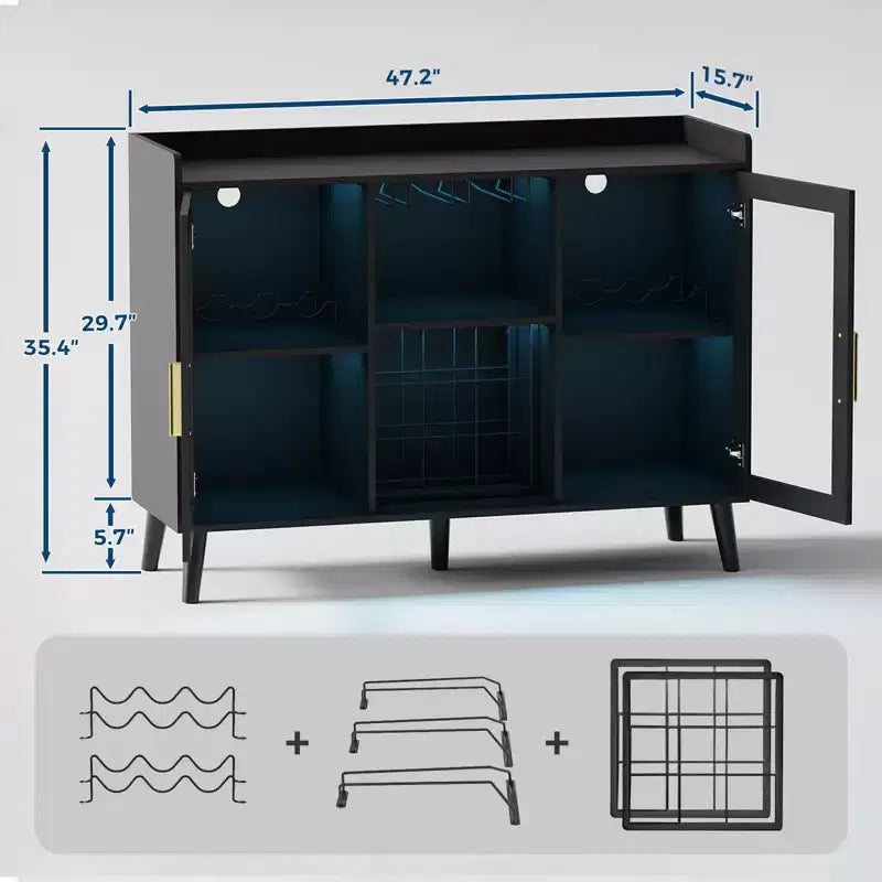 47 In Wine Bar Cabinet Glass Doors, Wood Coffee Bar Station with Wine Racks & Glass Holder, Modern Liquor Cabinet for Home Living Room Kitchen