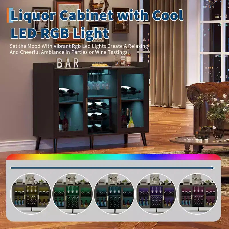 47 In Wine Bar Cabinet Glass Doors, Wood Coffee Bar Station with Wine Racks & Glass Holder, Modern Liquor Cabinet for Home Living Room Kitchen