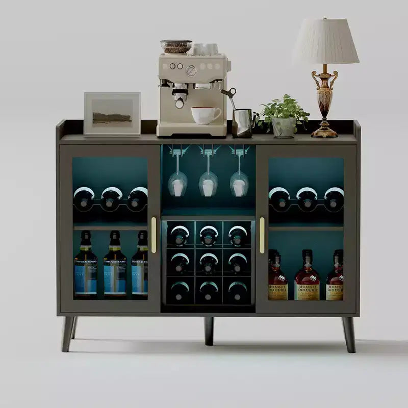 47 In Wine Bar Cabinet Glass Doors, Wood Coffee Bar Station with Wine Racks & Glass Holder, Modern Liquor Cabinet for Home Living Room Kitchen