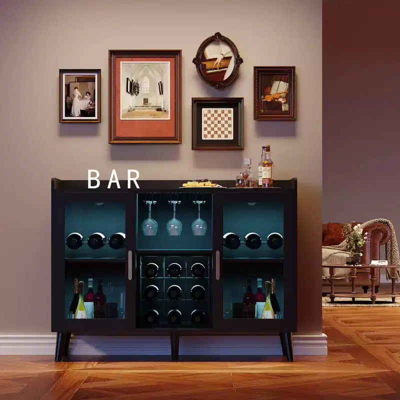 47 In Wine Bar Cabinet Glass Doors, Wood Coffee Bar Station with Wine Racks & Glass Holder, Modern Liquor Cabinet for Home Living Room Kitchen