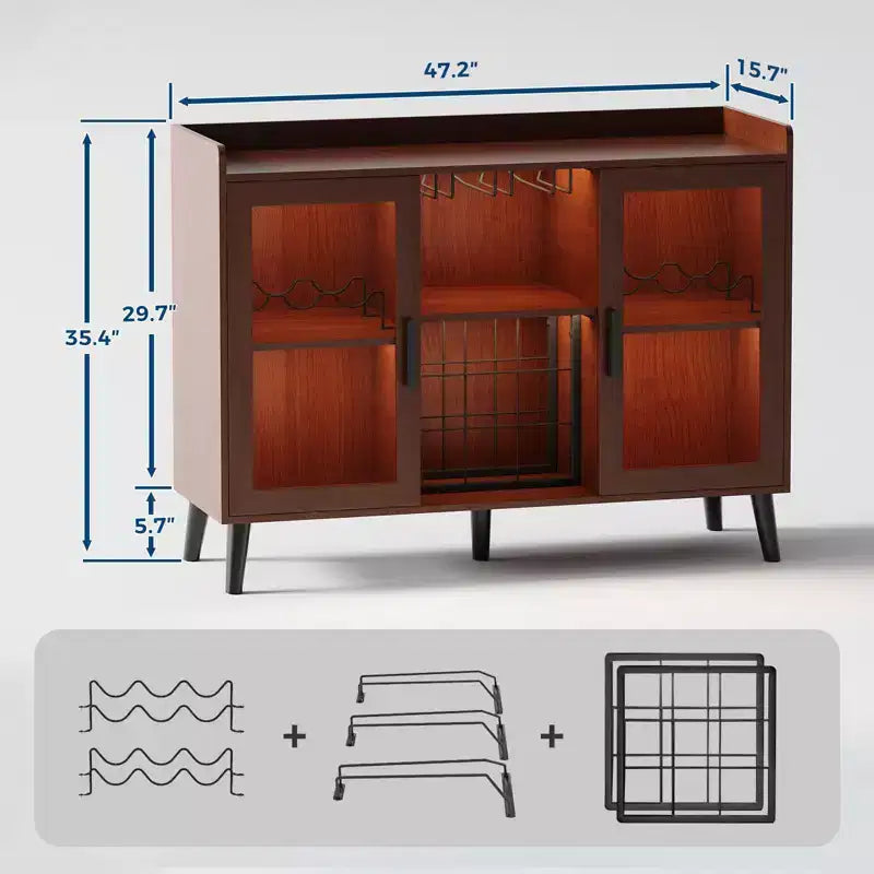 47 In Wine Bar Cabinet Glass Doors, Wood Coffee Bar Station with Wine Racks & Glass Holder, Modern Liquor Cabinet for Home Living Room Kitchen