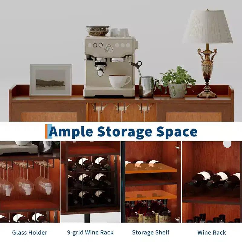 47 In Wine Bar Cabinet Glass Doors, Wood Coffee Bar Station with Wine Racks & Glass Holder, Modern Liquor Cabinet for Home Living Room Kitchen