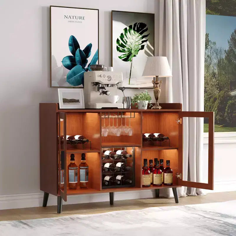 47 In Wine Bar Cabinet Glass Doors, Wood Coffee Bar Station with Wine Racks & Glass Holder, Modern Liquor Cabinet for Home Living Room Kitchen