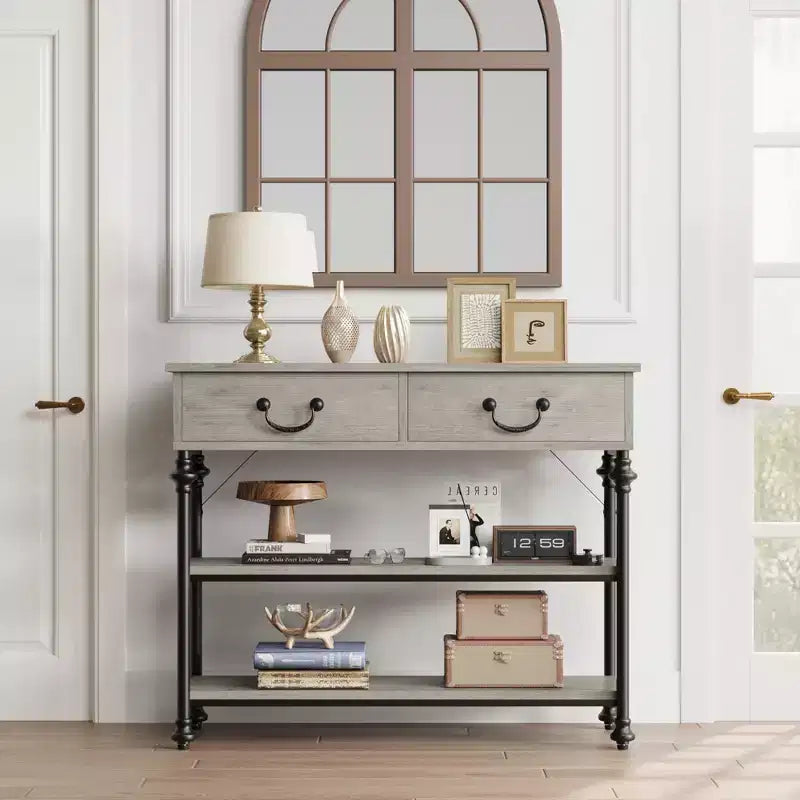 Narrow Console Table with 2 Drawers & Storage Shelves | Slim Entryway Table for Hallway, Living Room | Behind Sofa Table with Ample Storage Space