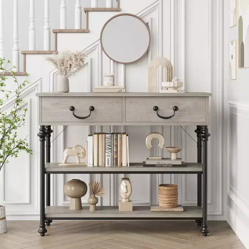 Narrow Console Table with 2 Drawers & Storage Shelves | Slim Entryway Table for Hallway, Living Room | Behind Sofa Table with Ample Storage Space