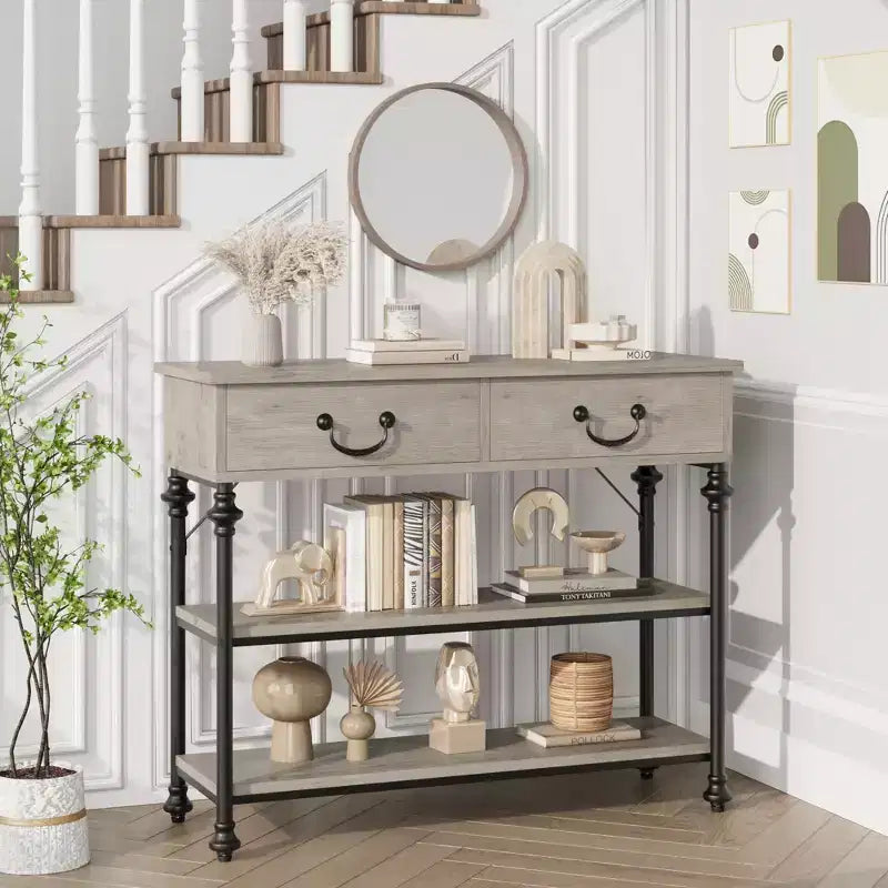 Narrow Console Table with 2 Drawers & Storage Shelves | Slim Entryway Table for Hallway, Living Room | Behind Sofa Table with Ample Storage Space