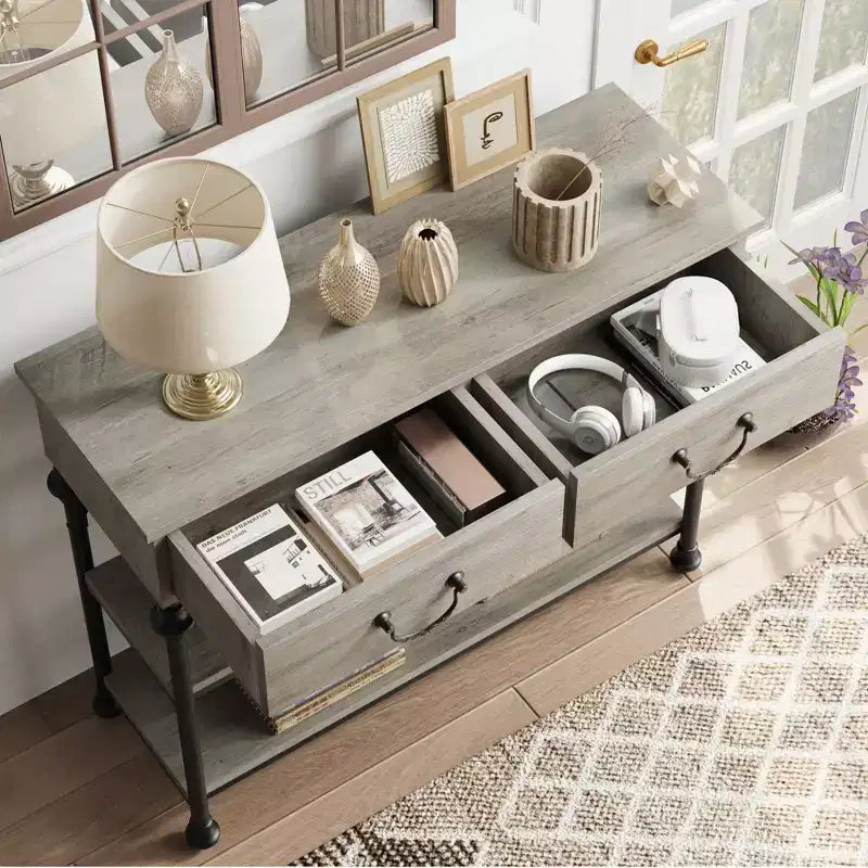 Narrow Console Table with 2 Drawers & Storage Shelves | Slim Entryway Table for Hallway, Living Room | Behind Sofa Table with Ample Storage Space